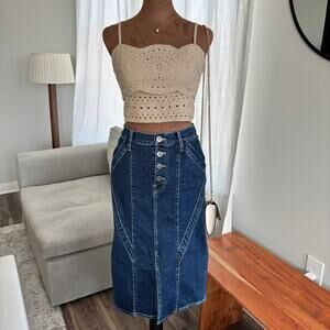 3x1 NYC Jason Wu Collaboration Denim Midi Skirt Split Hem Button Fly Size 25